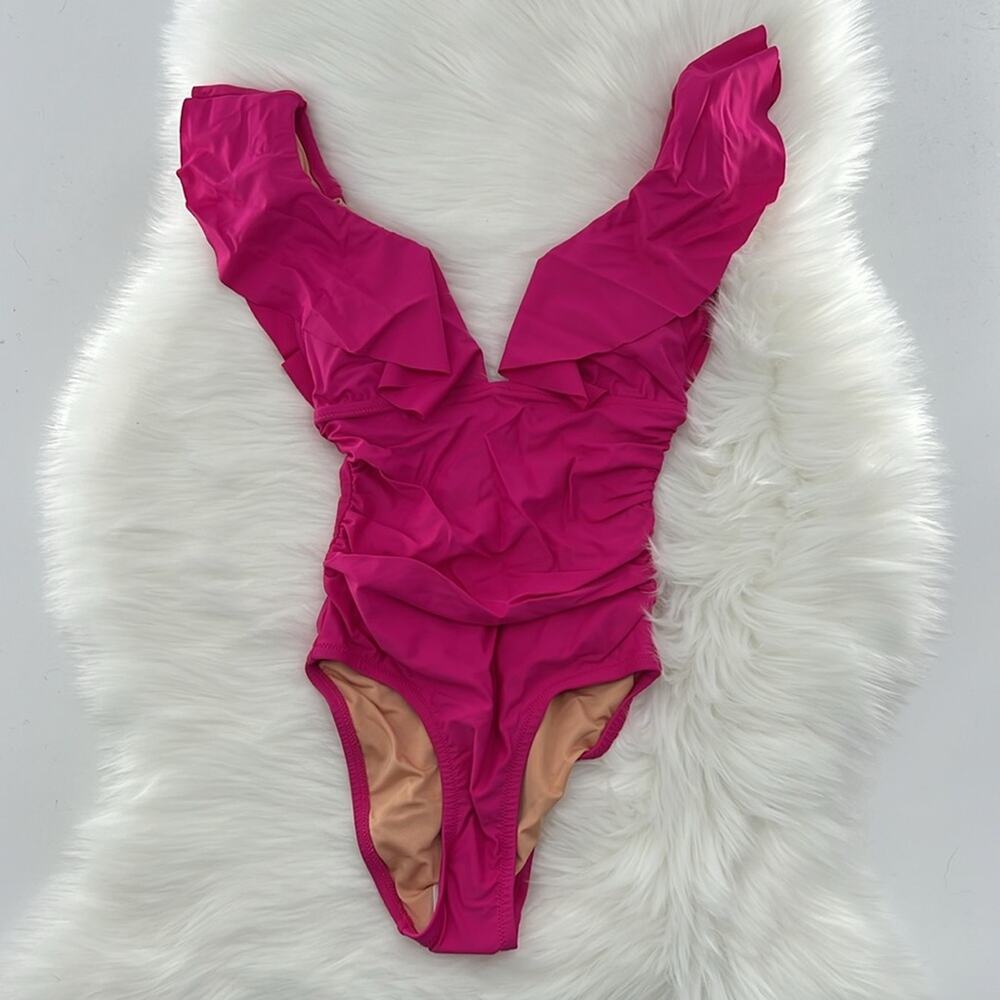 J.Crew Ruched Ruffle One-Piece Swimsuit - Radiant Fuchsia - 0 - NWT - Picture 2 of 7
